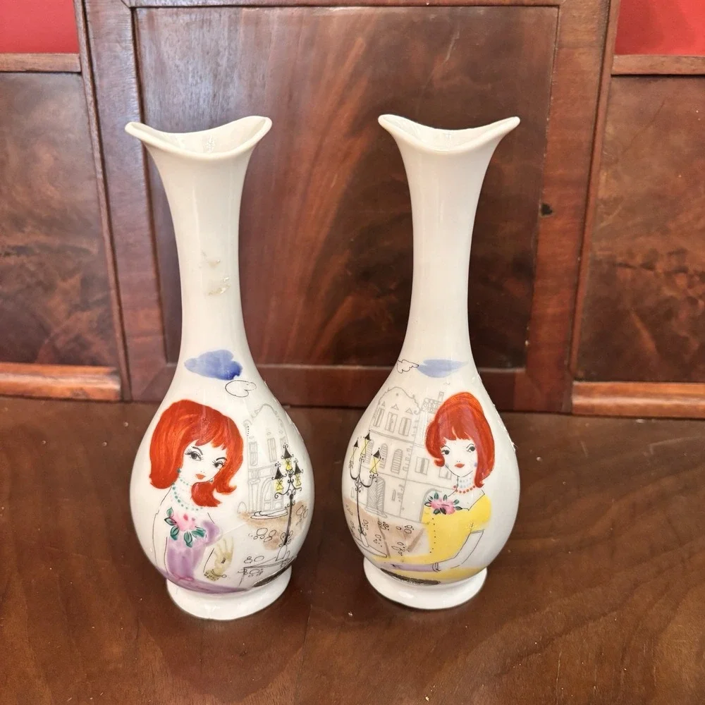 Vintage Enesco Femme Faire Hand Painted‎ Girl Vases Pair Mid Century 6